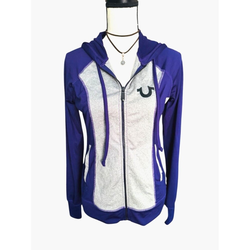 True Religion Zip Hoodie Jacket Purple Gray Sequin Logo Y2K Athletic Women's M